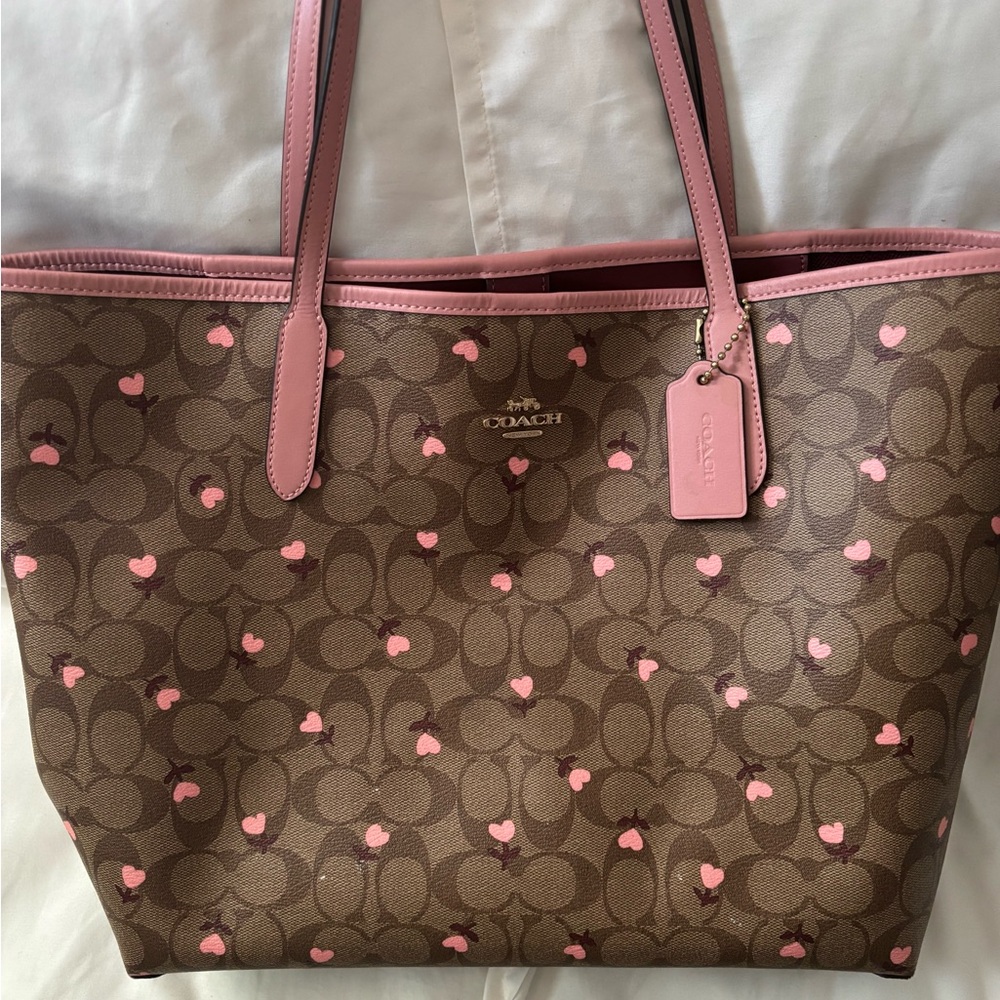 Coach Brown and Pink Heart Pattern Tote